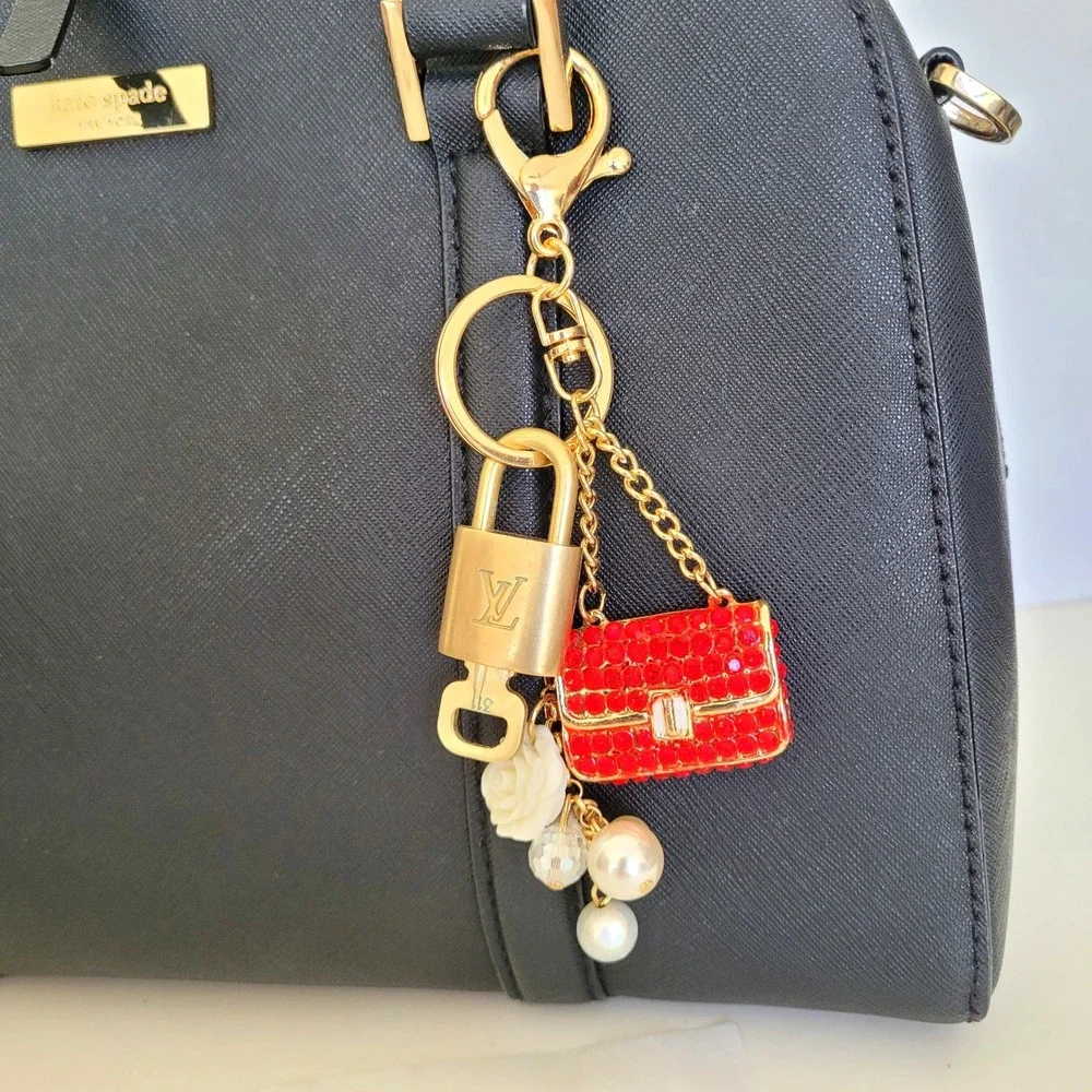 Louis Vuitton Authentic Padlock 311 Key Red Rhinestone Purse Pearl Bag Charm